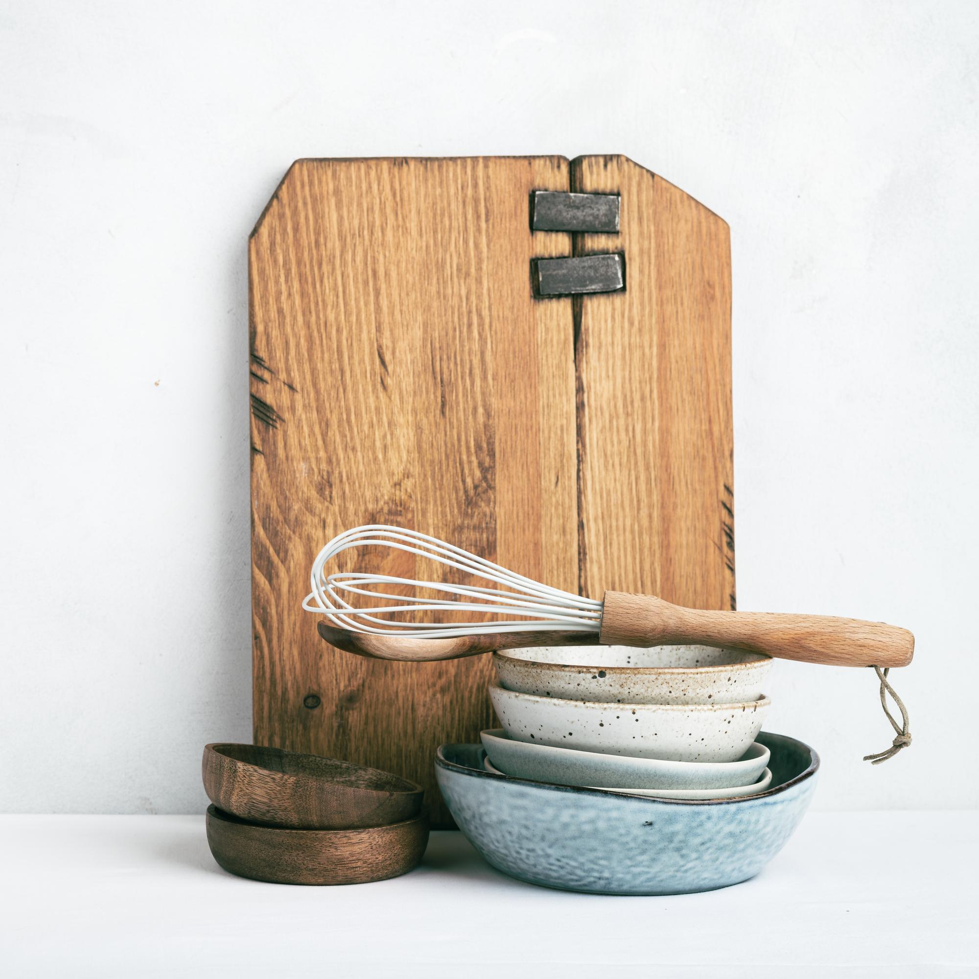 interior of small culinary workshop with wooden table and tools
